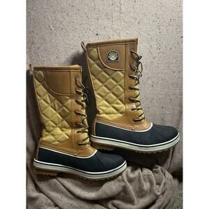 Global Win Women’s 9.5 Fleece Lined Mid Calf Lace Up Winter Boots Brown